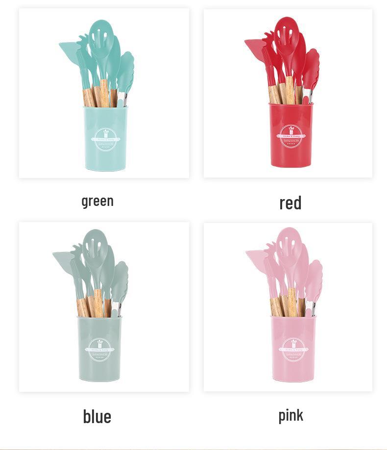 12-Piece Silicone Kitchenware Set: Non-Stick Cooking Tools with Wooden Handles In Barrel Packaging