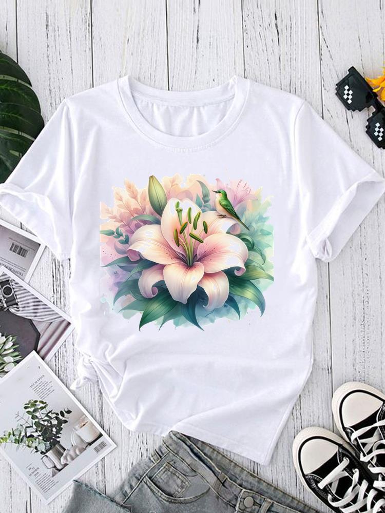 (Asian Size) Graphic Tee T-shirts Female Lovely Feather Style Casual Short Sleeve O-neck Fashion Print Women's Top T Clothing