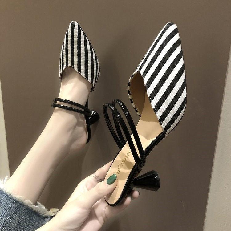 Lazy Pointed Toe Spike Heels Women Sandals Stretch Fabric Air Mesh Mules Solid Color Casual Lady Slides Slip On Outside Shoe