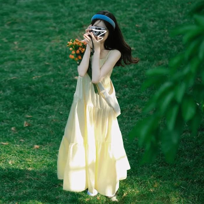 Summer 2025 Women's Petite Seaside Apricot Spaghetti Strap Maxi Dress