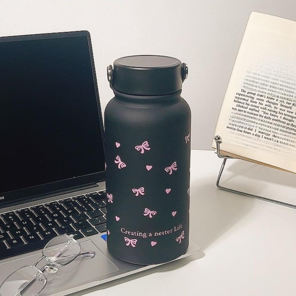 Portable Bowknot Insulated Cup 900ml Blue Vacuum Water Bottle Black Stainless Steel Thermal Car Cup