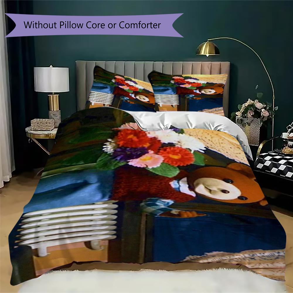 Teddy Drop Ear Pattern Bedding,Quilt Set Quilt Cover Pillowcase Home Birthday Gift(1 * duvet cover + 2 * pillowcase, without core)_lx
