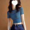 Blue Knitted Striped Short-sleeved T-shirt Women's New Sweet and Spicy Design Short Summer Slim-fitting and Thin Top
