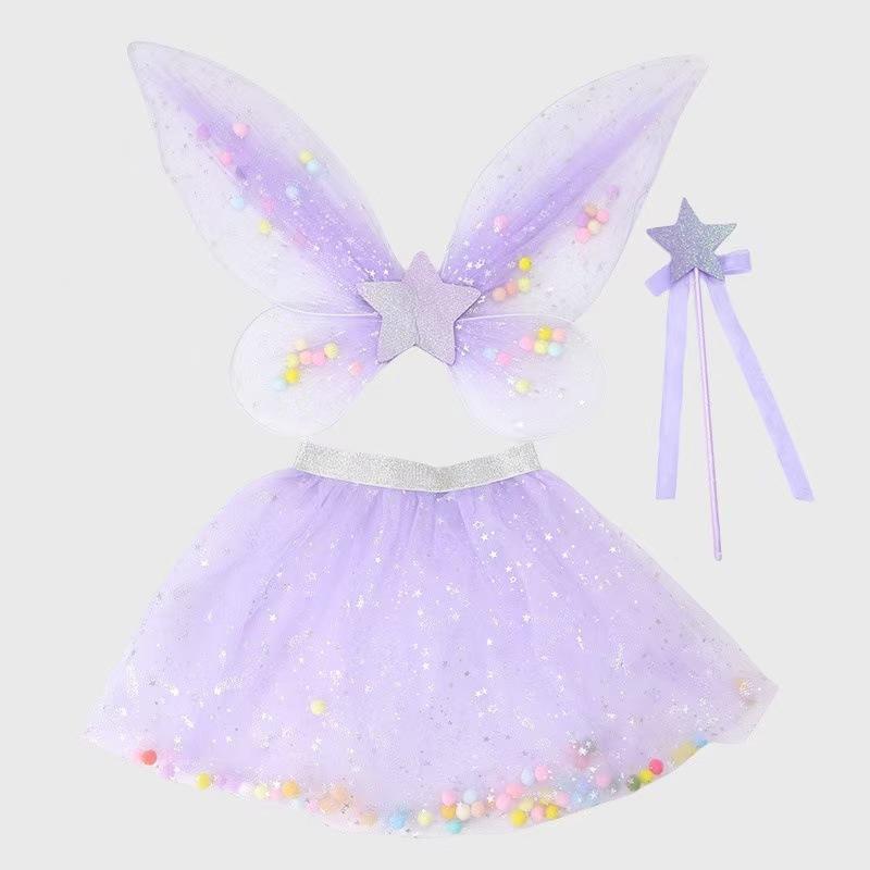 Children's Butterfly Colored Ball Wings Tutu Skirt, Angel Wings Three-piece Stage Performance Mesh Skirt