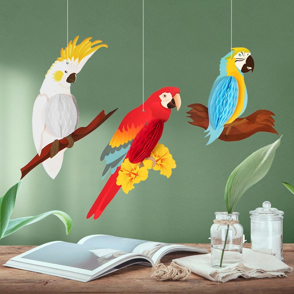 Tropical Birds Honeycomb Parrot Paper 3D Cutouts Hanging Ornaments Hawaiian Themed Luau Party Hanging Decorations for Rainforest Jungle Theme