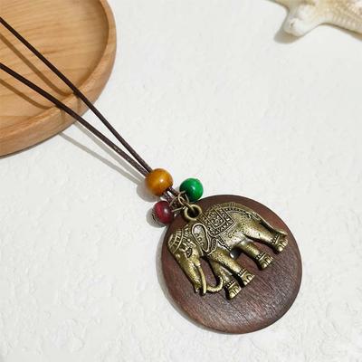 Women's Retro Wooden Long Sweater Necklace with Cotton Linen for Casual Wear