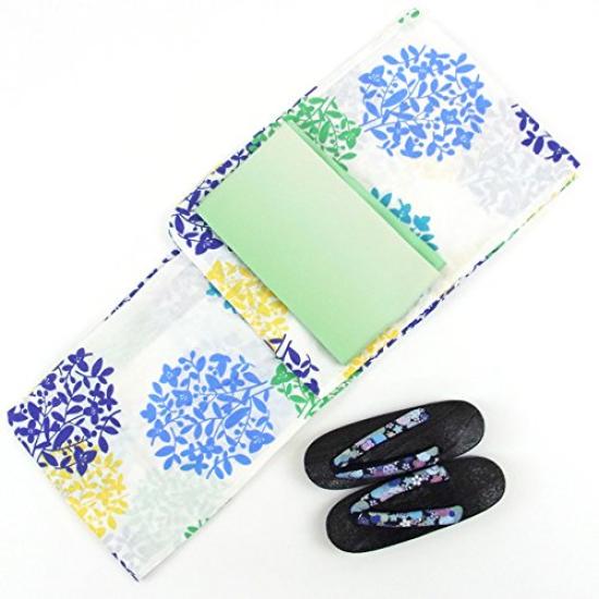 

Women s M-L size yukata, obi, and geta (3-piece set). White background with blue modern leaf design. Women s yukata 3-piece set. Sale.