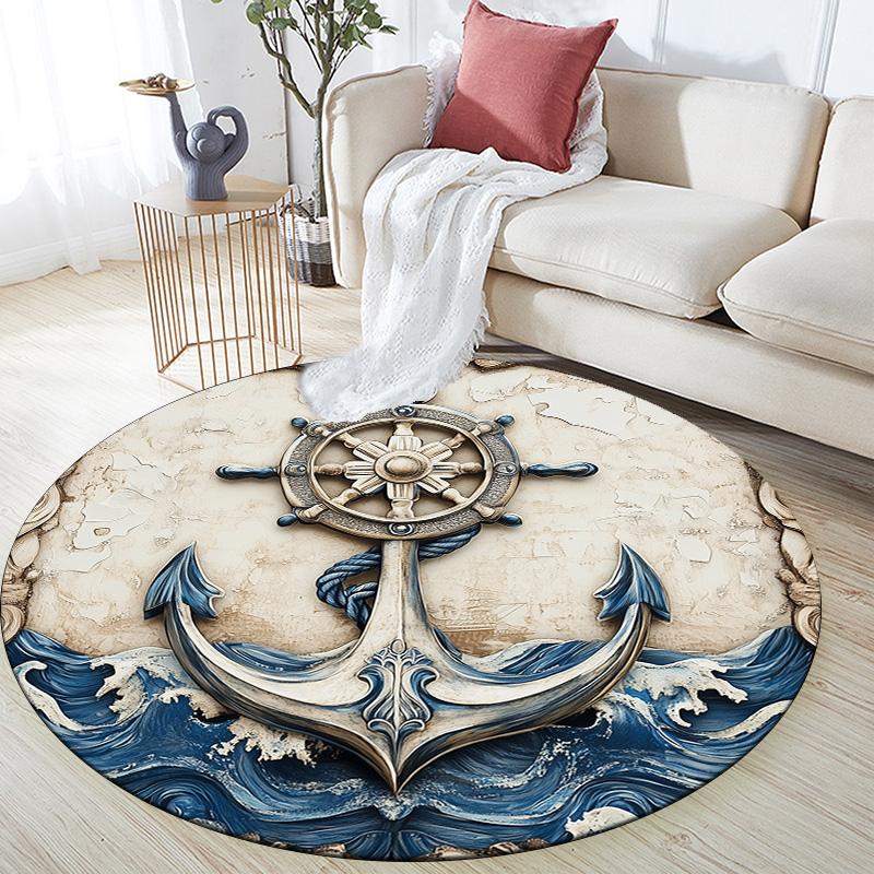 Anchor and Ship's Wheel,Round Area Rug,Carpet Rug for Living Room Bedroom Sofa Playroom Decor,Non-slip Floor Mat