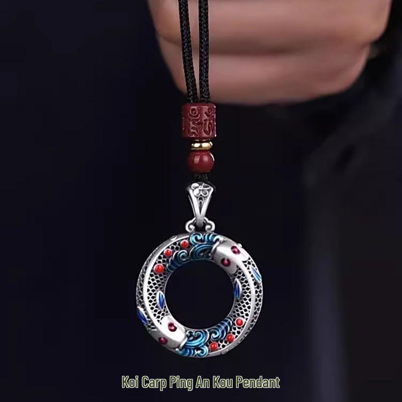 Sterling Silver Koi Fish Pendant Necklace - Enamel Ping An Kou for Men & Women