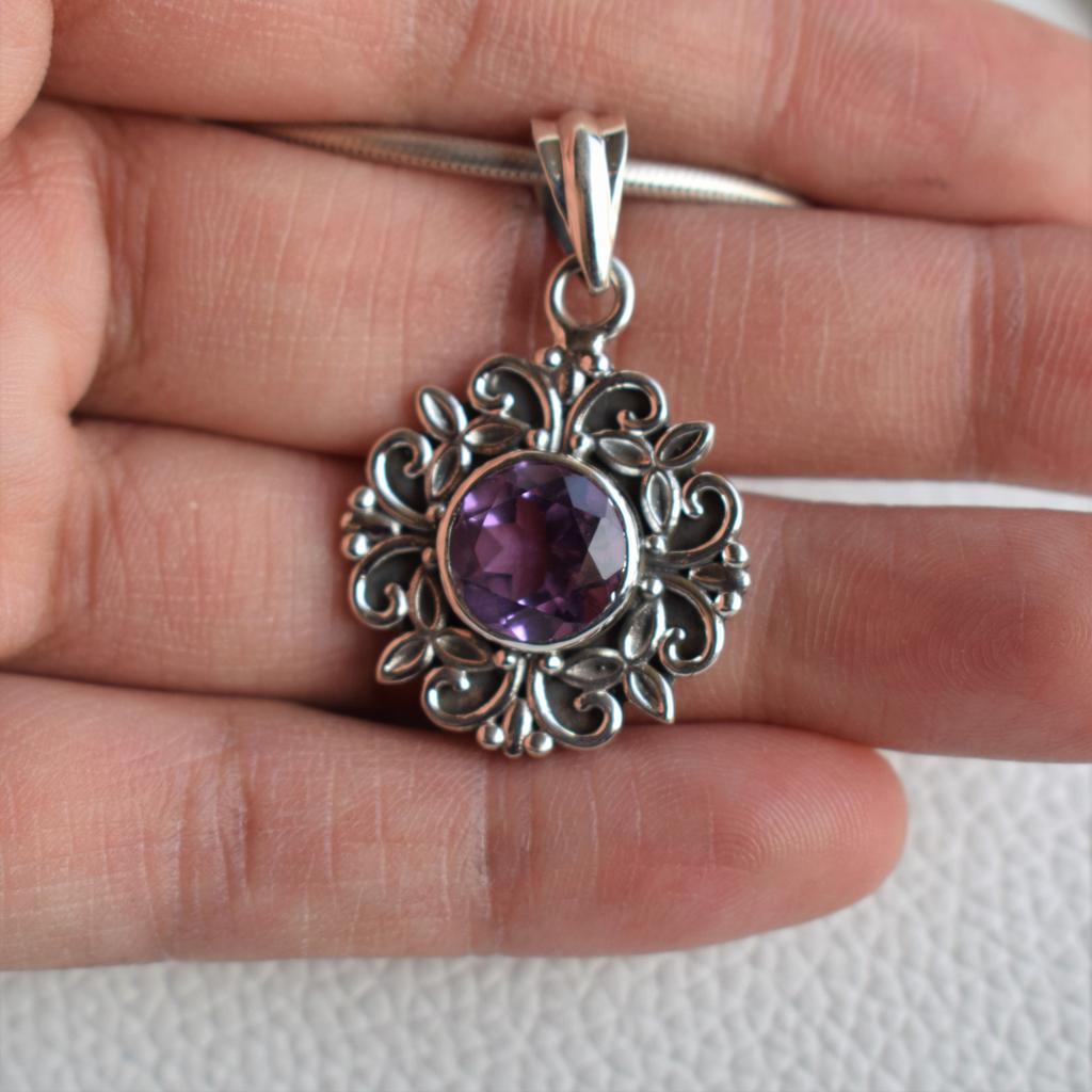 Amethyst Pendant, Boho 925 Sterling Silver, February Birthstone
