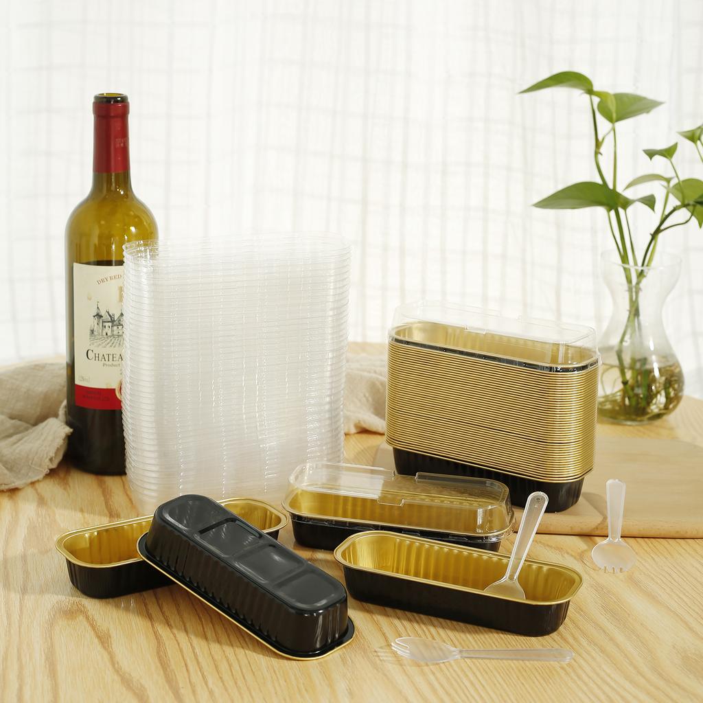 150Pcs Mini Cake Pans with Lids and Spoons 200ml Rectangle Foil Baking Pans Tins Non-Stick Kitchen Loaf Container Cupcake Liners