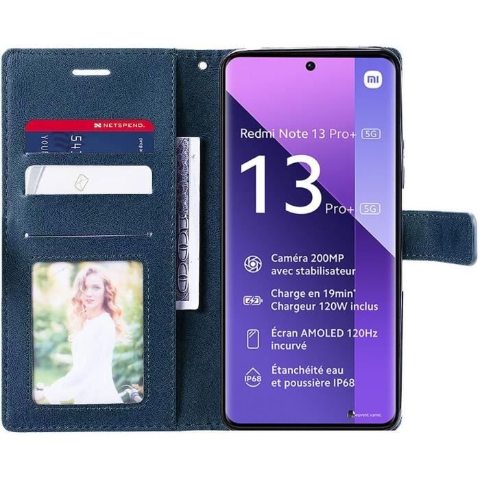 Coque pour Xiaomi Redmi Note 13 Pro+ 5G - E.F.Connection - Etui Folio Cuir PU - Bleu Marine - 2 Verres Trempés