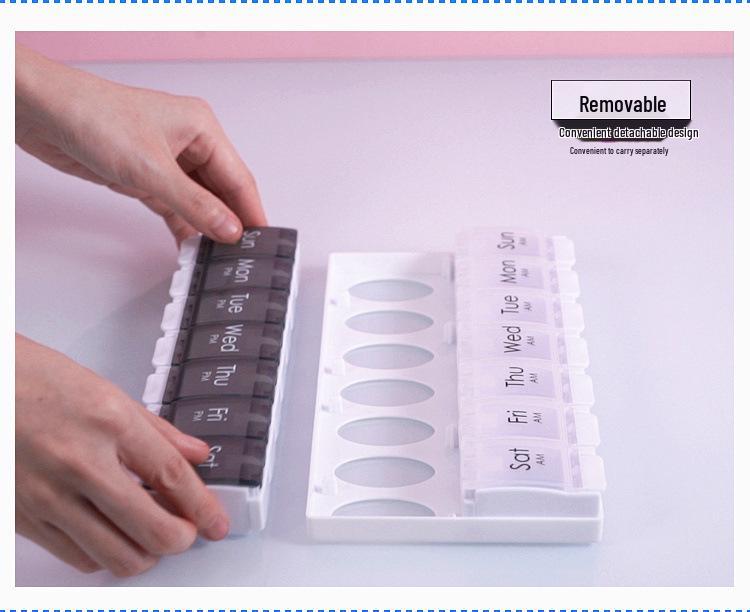 

Портативный органайзер для таблеток с 14 отделениями, всплывающий, для приема утром и вечером - Еженедельная дорожная аптечка