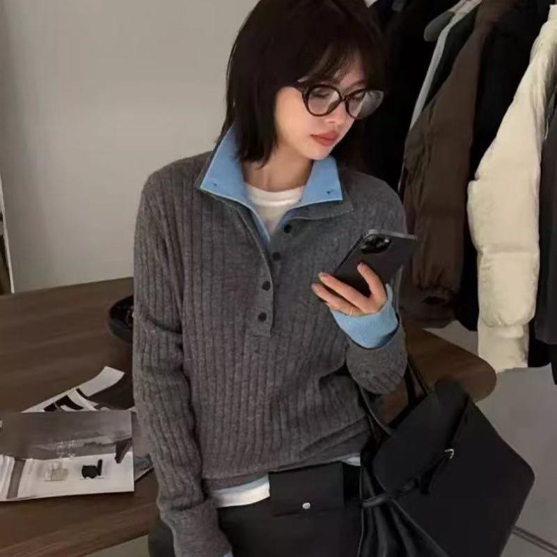 2024 Winter Double-Layer Stand Collar Color Block Wool Knit Shirt with Inner Collar