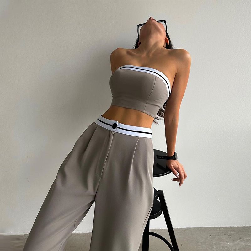 European and American Gyaru Contrast Color Tube Top Vest Wide Leg Pants Set Women Tight and Wide Leg Pants Set