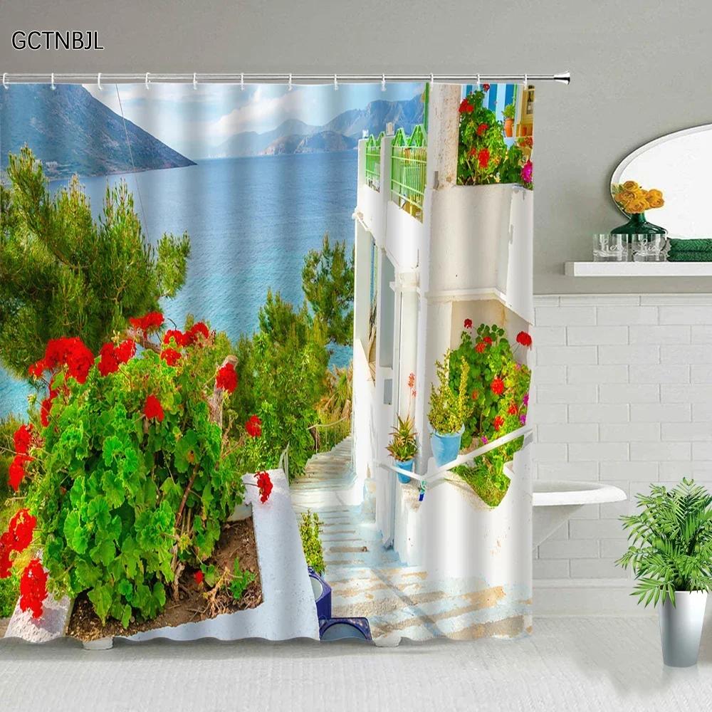 3D Europe Seaside Town Shower Curtain Flower Vine Courtyard Nature Scenery Polyester Fabric Home Decor Hook Bathroom Accessories