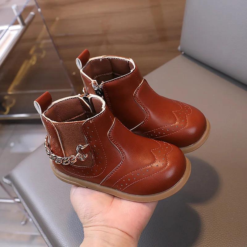 

Детская обувь Ботинки для девочки Классическая цепочка Малыши Повседневные ботильоны Весна Осень Универсальные Детские Короткие Кожаные Ботинки Мода 21 коричневый