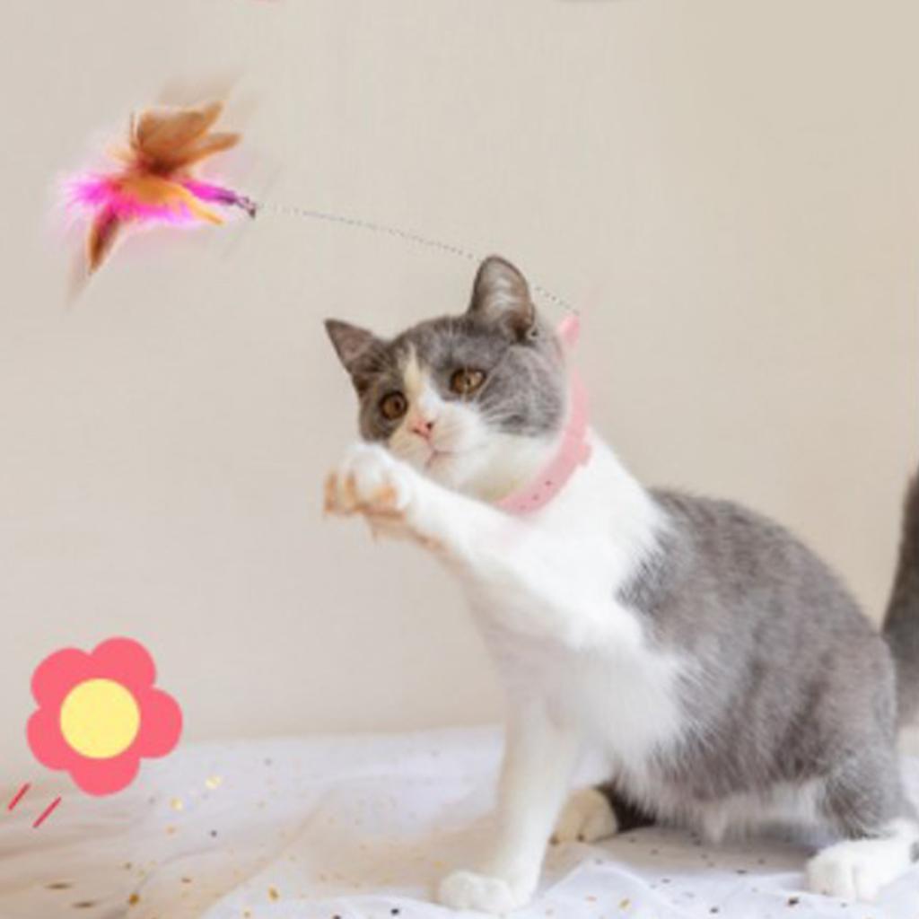 Cat Feather Collar Toys Adjustable Flexible Funny Interactive Cat Feather Wand Collar with Bell for Cat Indoor Play Pink