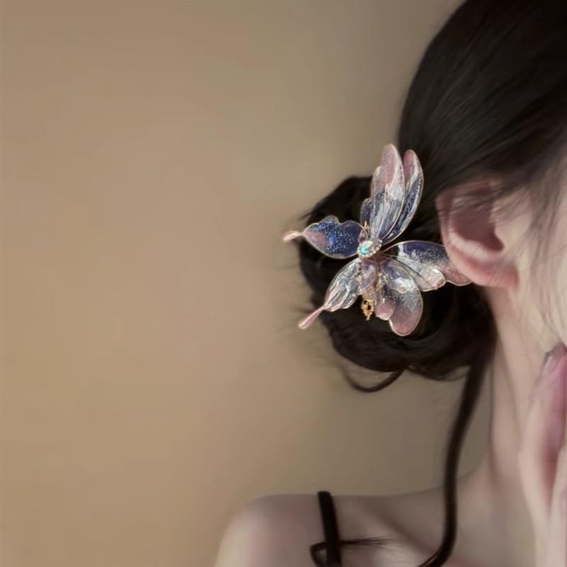 Crystal Butterfly Hair Clip Chinese Retro Heat Shrink Butterfly Hair Clip Niche Design Personality Unique Style Hanfu Side Clip