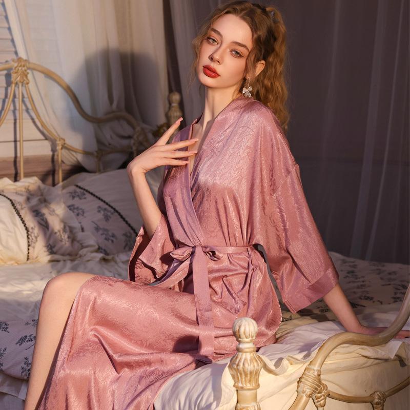 nightgown women's summer ice silk thin satin jacquard long retro sexy high-end spring and autumn bathrobe robe