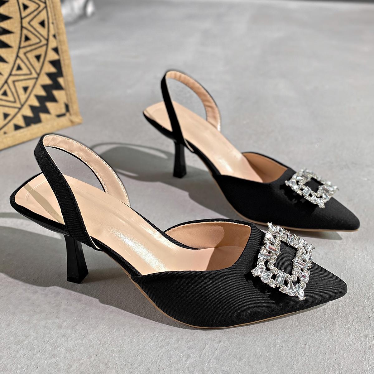 

Fashion 2024 Summer Fashion New Slip on Sexy Pointed Toe High Heels Baotou Metal Decorated Stiletto Lightweight Sandals Shoes for Women 35 чёрный