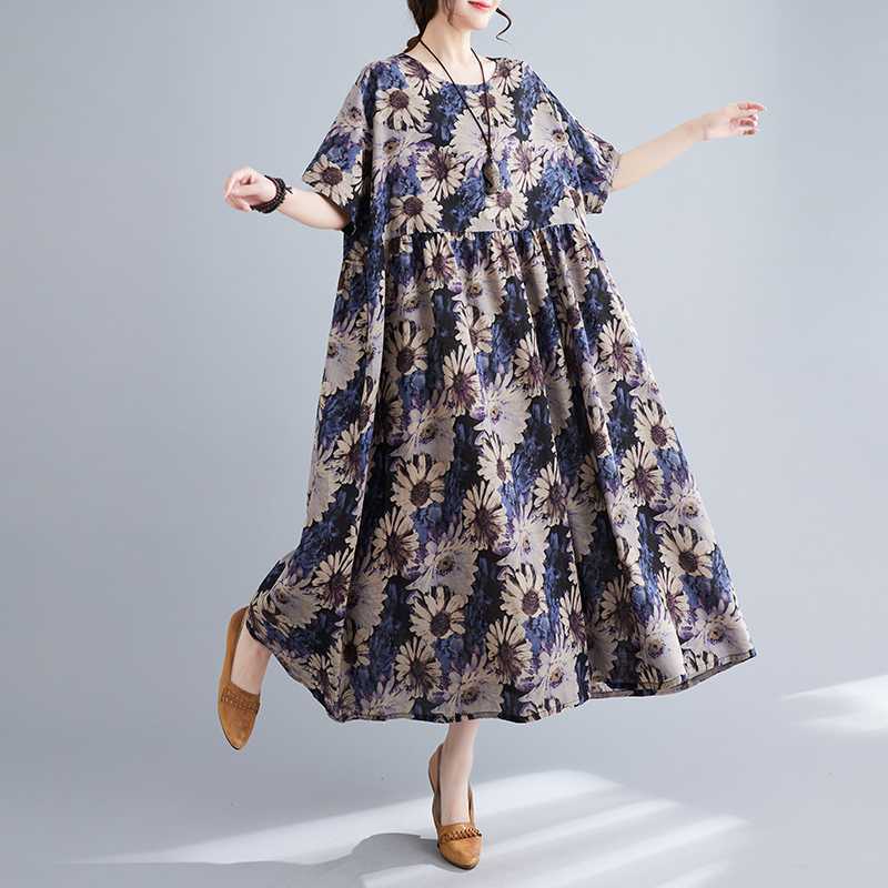 

Свободное и модное повседневное платье из хлопка и льна с принтом и короткими рукавами One size темно-синий