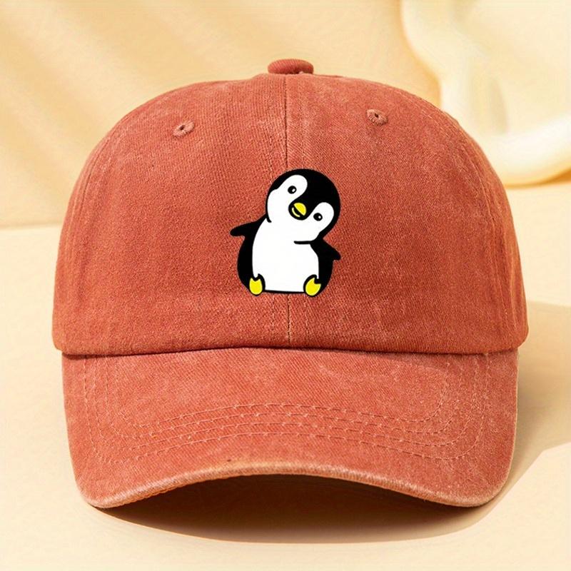 Retro washed penguin cartoon printed baseball cap suitable for men and women, suitable for adventure camping and parties