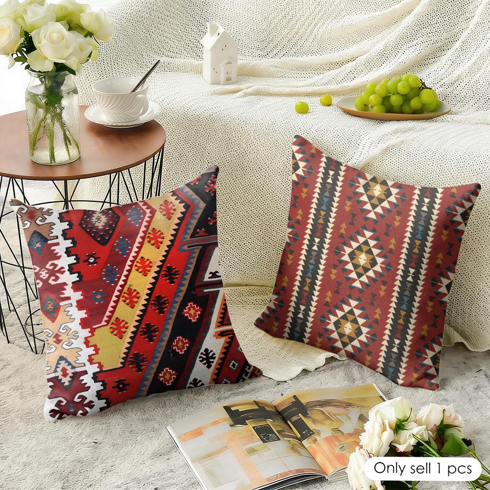 Federa Cuscino Kilim Turco Lino Naturale Tessuto Biologico Stampa Double-Face Traspirante Perfetta Per L'arredamento della Casa
