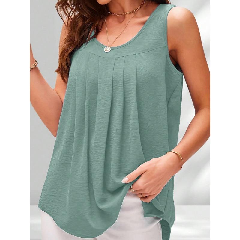 

Plus Size 1XL-5XL Women s Fashion Round Neck Pleated Vest Simple Elegant Loose Fitting Vest Solid Color Versatile Vest 5XL