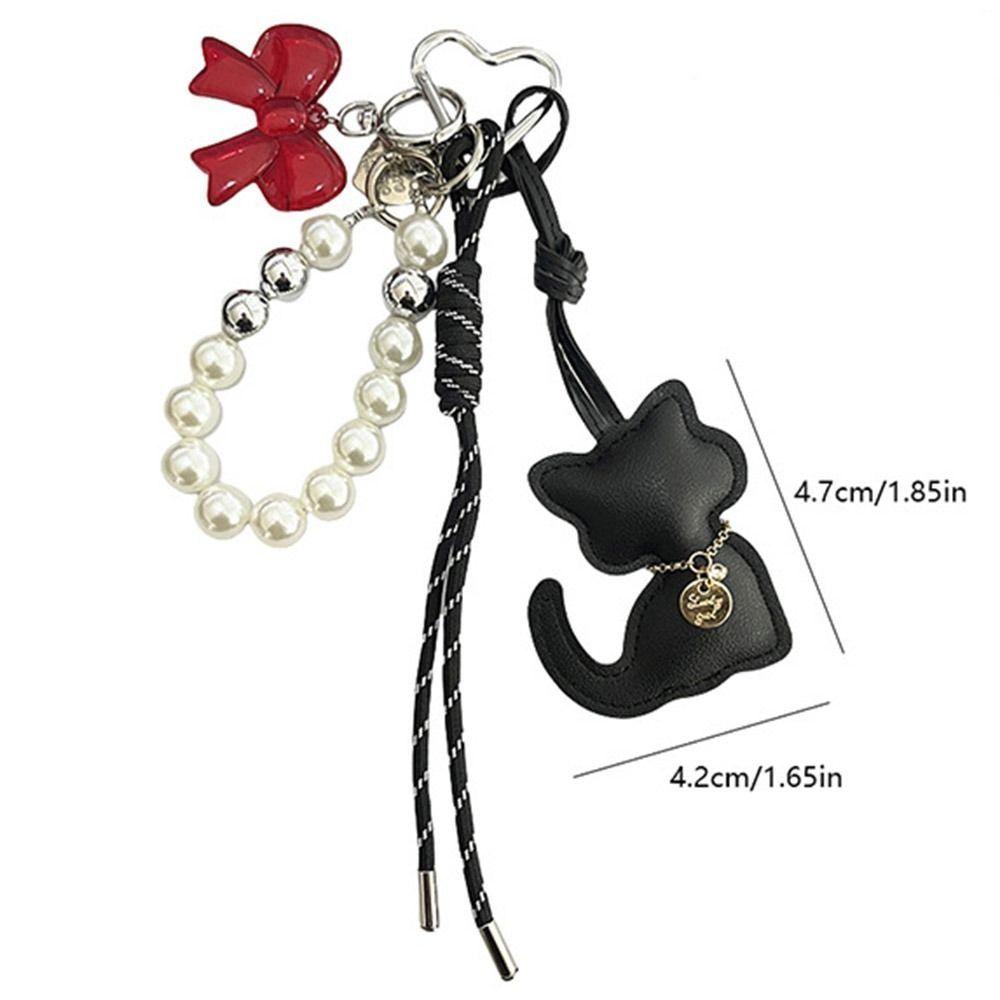 INS Pearl String Leather Cat Pendant Cartoon Cute Key Ring Bowknot Creative Bag Hanging Charms Backpack Charms