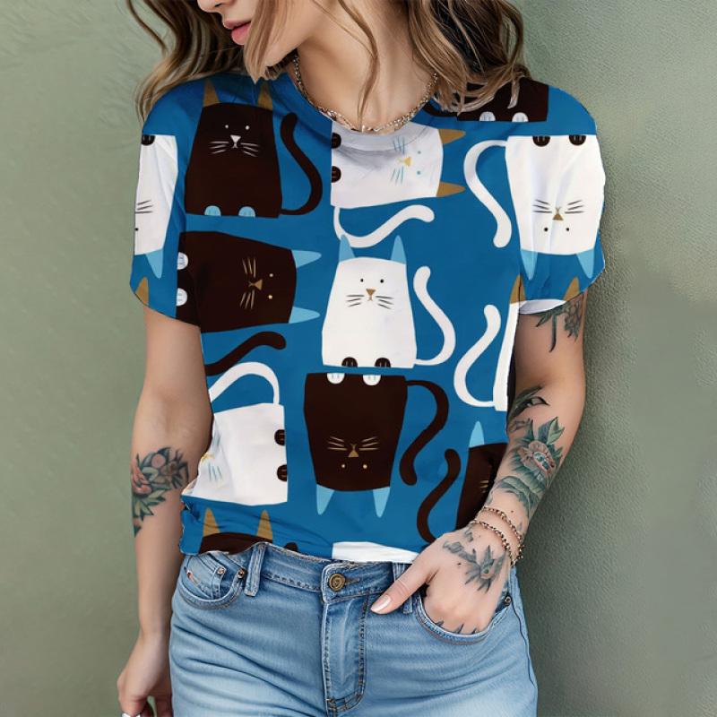 Women's T Shirt Comic Cat 3D Print Harajuku Summer Short Sleeve Top O Neck Casual Women's Oversized T Shirt Coolred Short Sleeve
