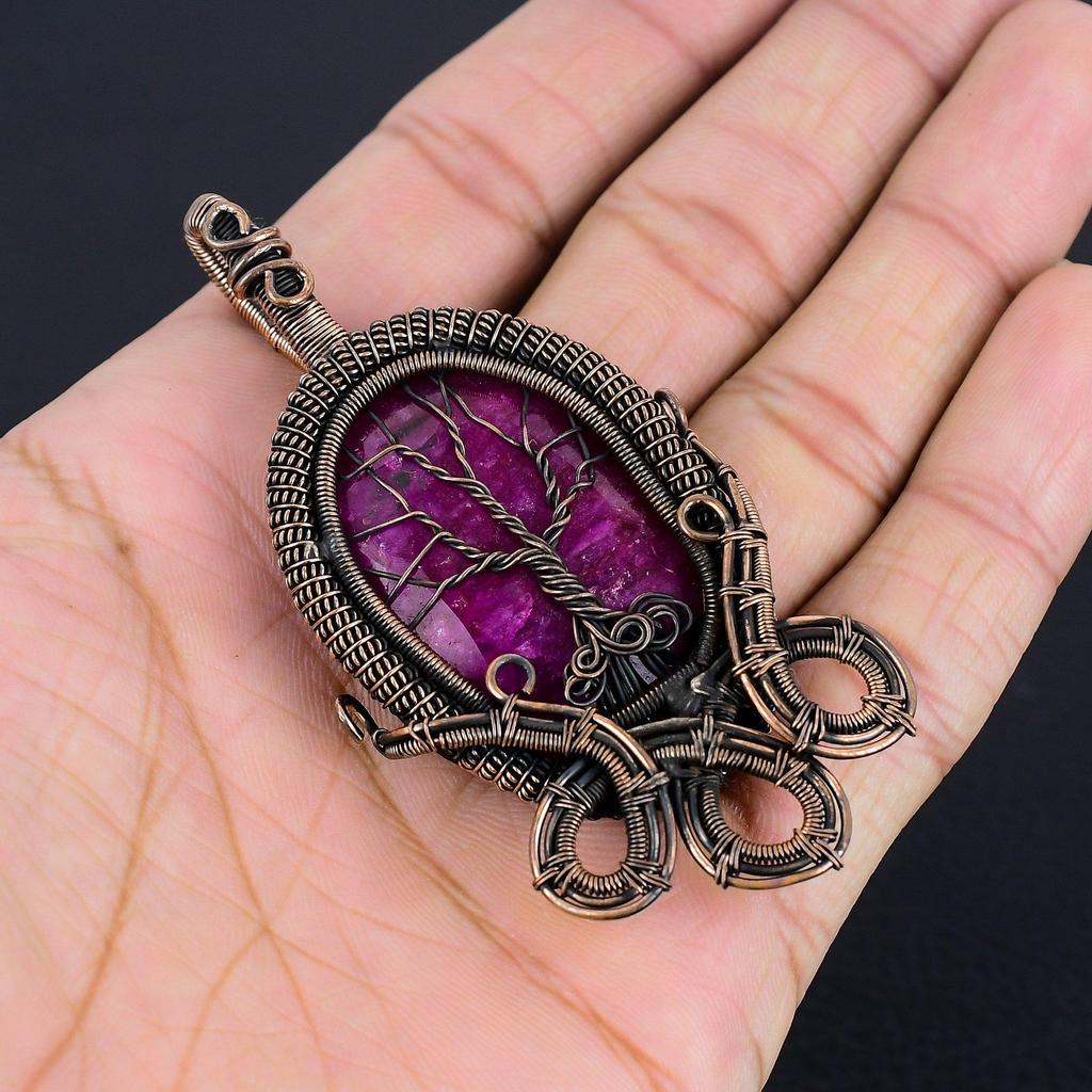 Rubin Anhänger Edelsteinschmuck, 999 Kupferdraht gewickelter handgefertigter Anhänger, Schmuck im neuesten Design