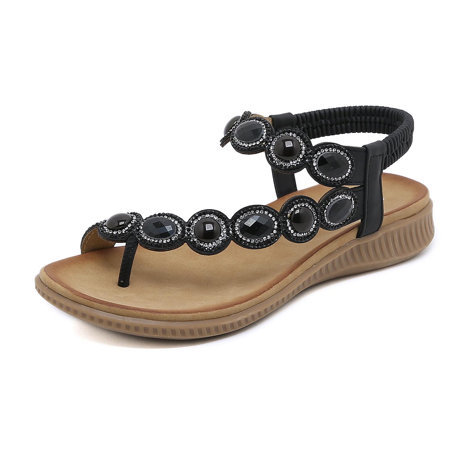 

Сандалии, удобная пляжная праздничная обувь с круглой головкой и стразами в богемном стиле 36 чёрный