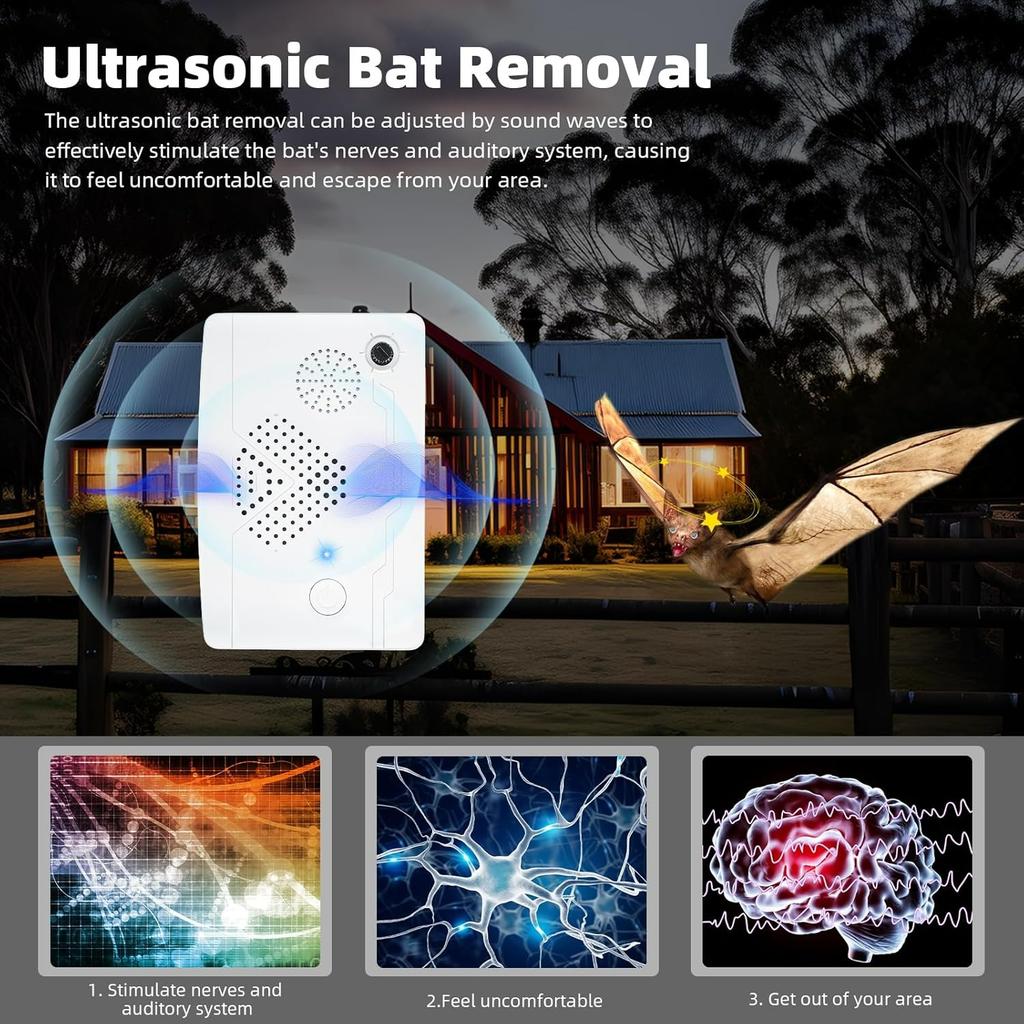 2 Pack Ultrasonic Bat Removal System - Keeps Bats Away from Attic, Porch, House; Humane & Pet-Friendly Exclusion Device