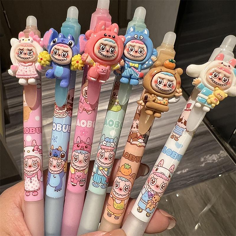 6Pcs Labubu Gel Pens Cartoon Kawaii 0.5Mm Erasable Pen School Student Stationery Office Accessories Girls Kids Birthday Gift