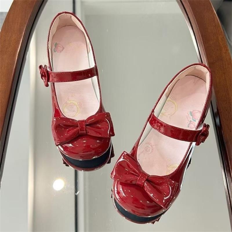 

Pink Sneakers Butterfly Lolita High Heels One Button Round Head Mary Jane Shoes College Heel Lolita Leather 40 красный