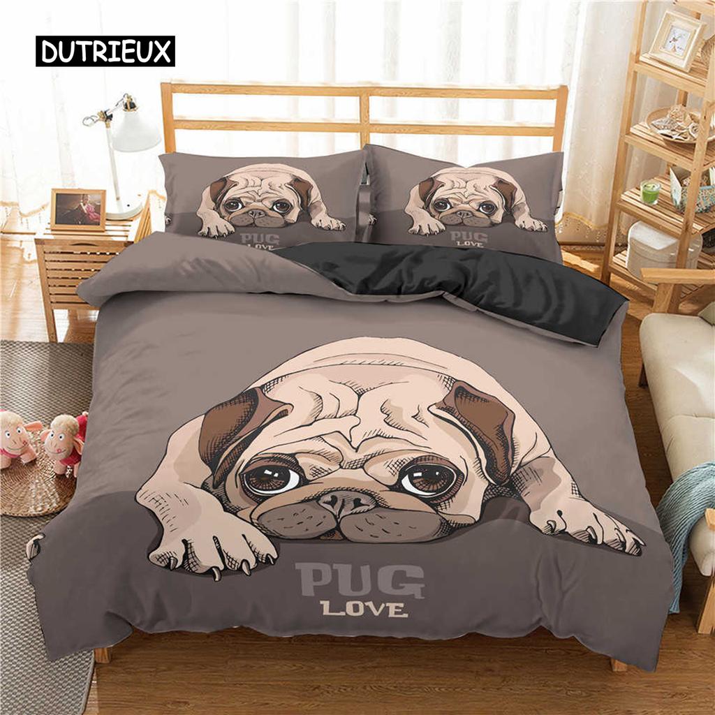 Pug Duvet Cover Set Pet Dog with Flower Bedding Set Animal Theme for Kids Teens Boy Cute Pug Dog King Size Polyester Quilt Cover