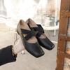 Mary Jane Crossover i äkta läder med fyrkantig tå Vintage Block Heel Balett Skor Singelskor