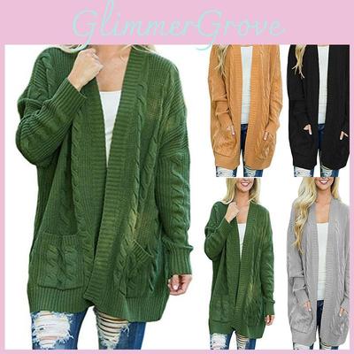 Fashionable Women Cardigan Sleeve Long Knitted Sweater With Casual Pockets