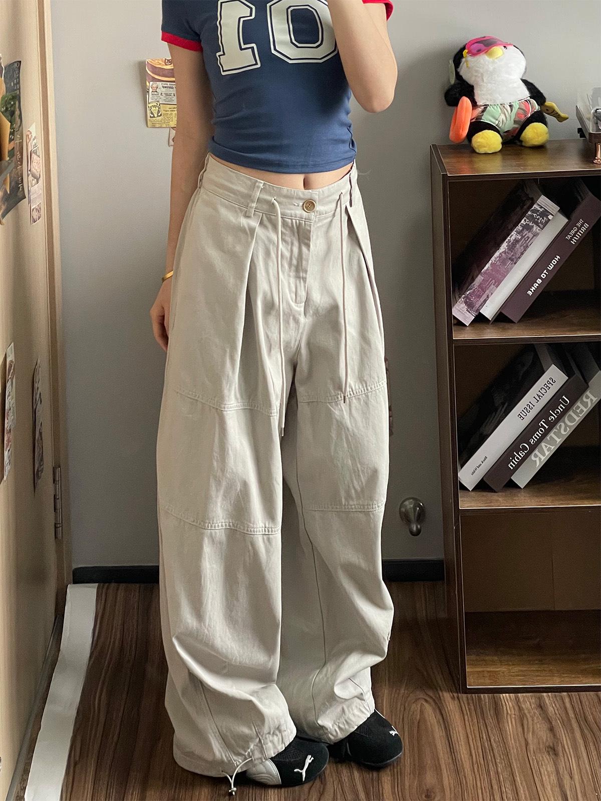 

Женские широкие легкие брюки карго – Весенне-летний американский уличный стиль, трендовый дизайн в пол свободного кроя. Medium светло-серый