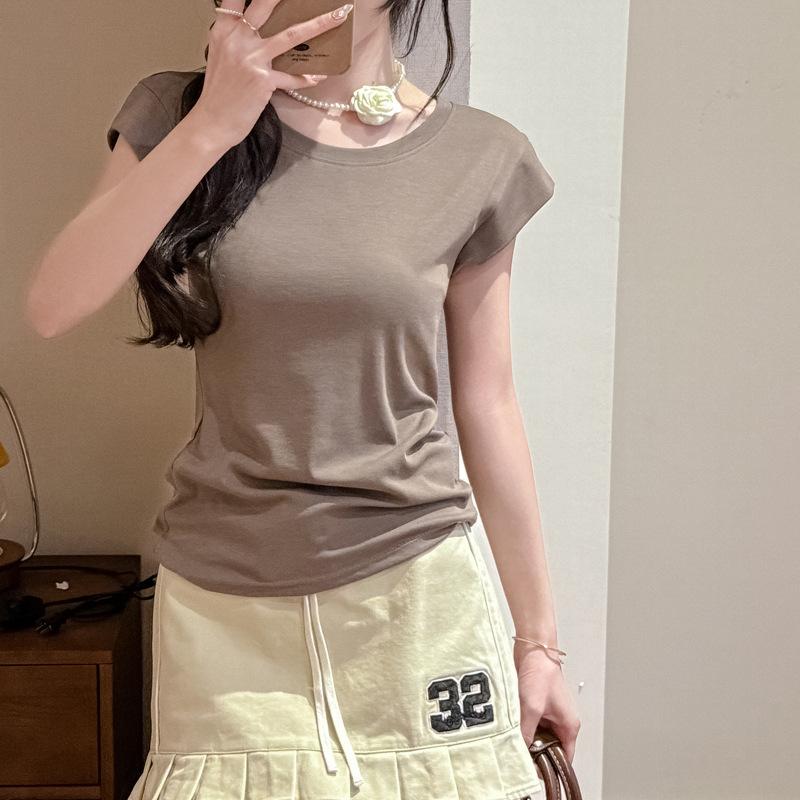 Summer Lyocell Tencel Shoulder Short Sleeve T-Shirt Women's Shoulder Width Slim Skinny High-end Xiaofei Sleeve Top