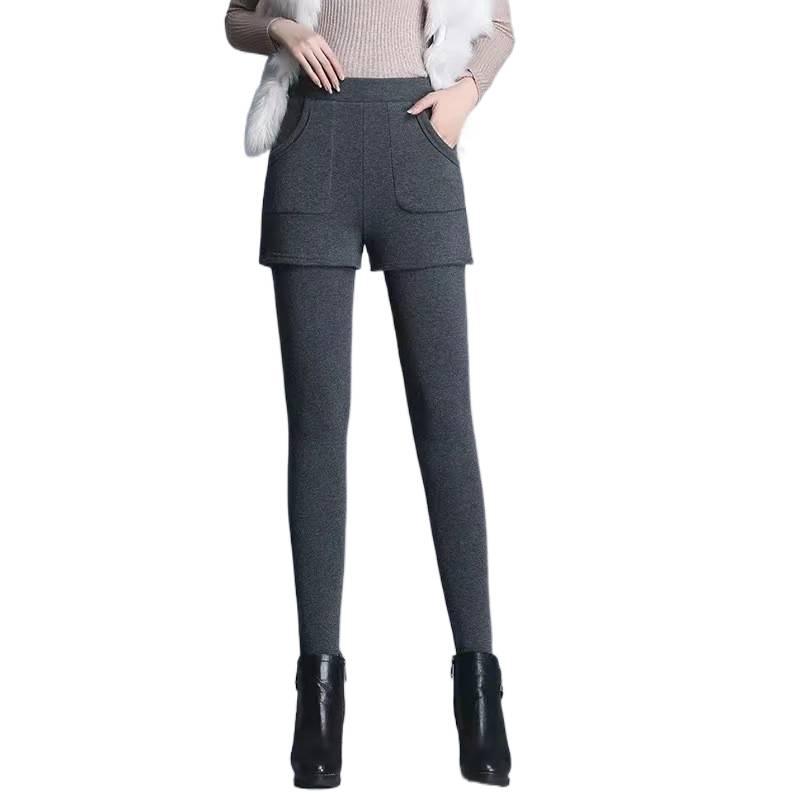Damen Herbst Winter Fleecegefütterte Verdickte Warme Hose Fake Zweiteilige Basisschicht Lange Hose mit Taschen Bootshose Übergröße Slim Fit