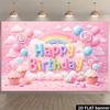 2D Flat Sweet Candy Birthday Banner Pink & Pastel Themed Backdrop with Lollipops, Candies & Balloons