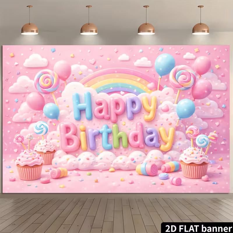 2D Flat Sweet Candy Birthday Banner Pink & Pastel Themed Backdrop with Lollipops, Candies & Balloons