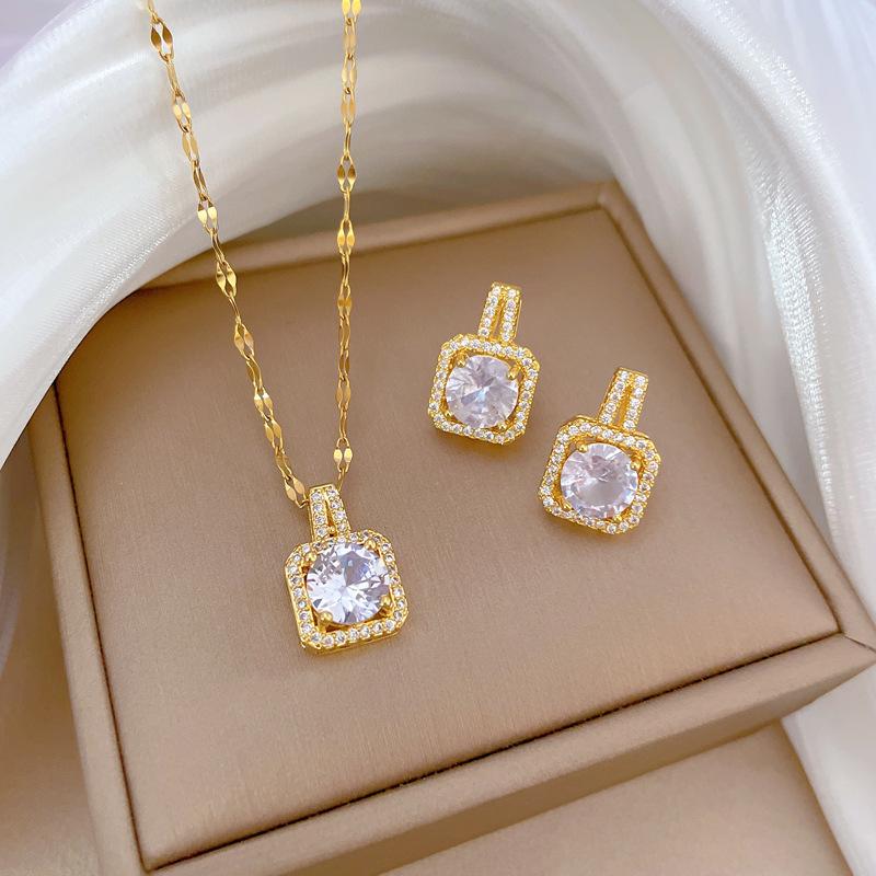Classic Personality Stainless Steel Romantic Micro-inlaid White Cube Earrings Necklace Set Girls Party Dinner Gift