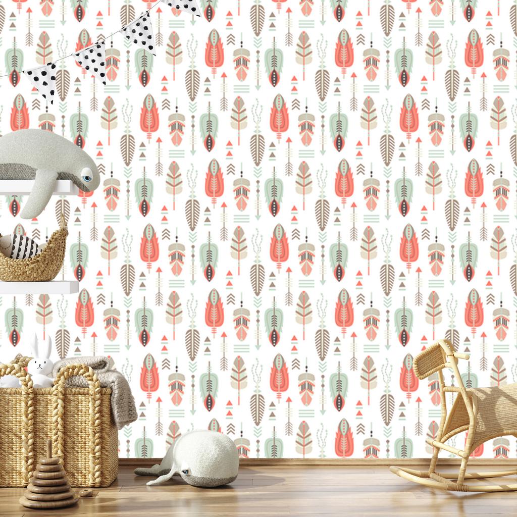 Ethnic Pattern Wallpaper Beige, Light Gray and Coral 50x1000
