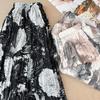 Gonna Lunga A-line Pieghettata Floreale Stile Retro Francese Lavaggio ad Inchiostro