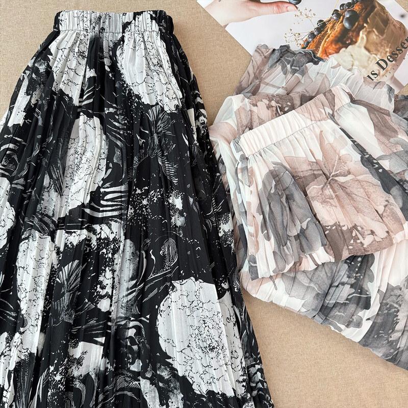 Gonna Lunga A-line Pieghettata Floreale Stile Retro Francese Lavaggio ad Inchiostro
