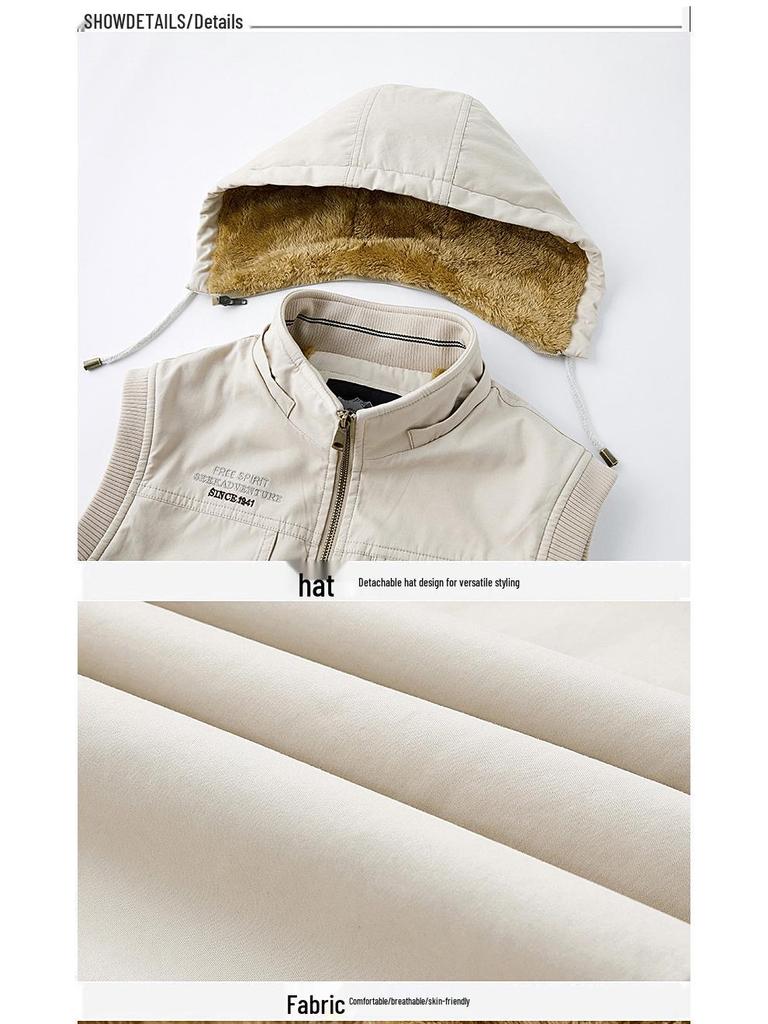 Men's Casual Fleece-Lined Cotton Vest with Shawl Collar & Multi-Pocket Design