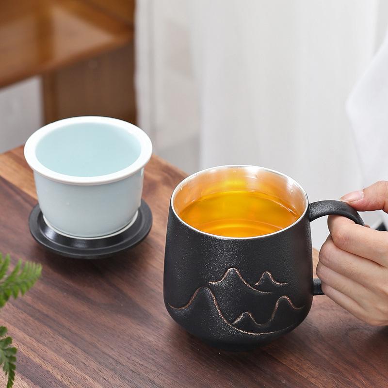 Handmade gilt silver creative ceramic mug gift box set 999Silver-plated office cup with lid, tea-water separation brewing cup